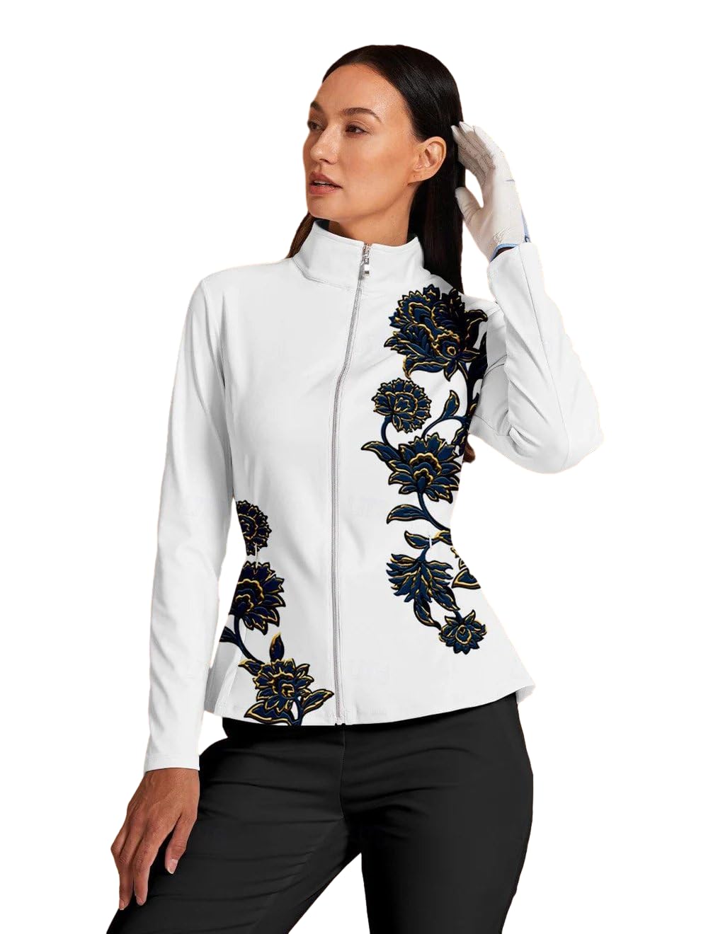 ACEGOLFS Women's Golf Jackets Lightweight Zip up Athletic Jacket Women Long Sleeve Floral Printed Pullover Ruffle Workout Top