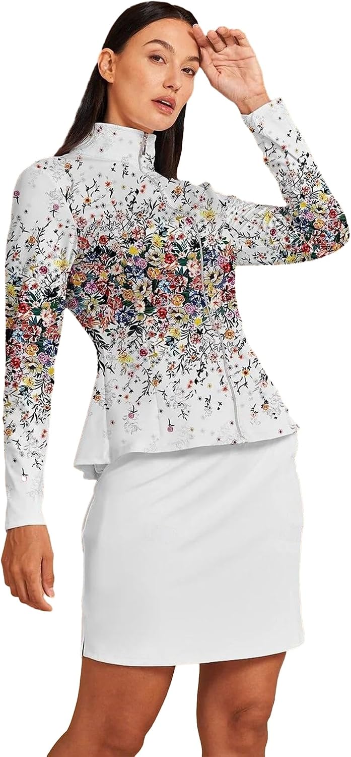 ACEGOLFS Women's Golf Jackets Lightweight Zip up Athletic Jacket Women Long Sleeve Floral Printed Pullover Ruffle Workout Top