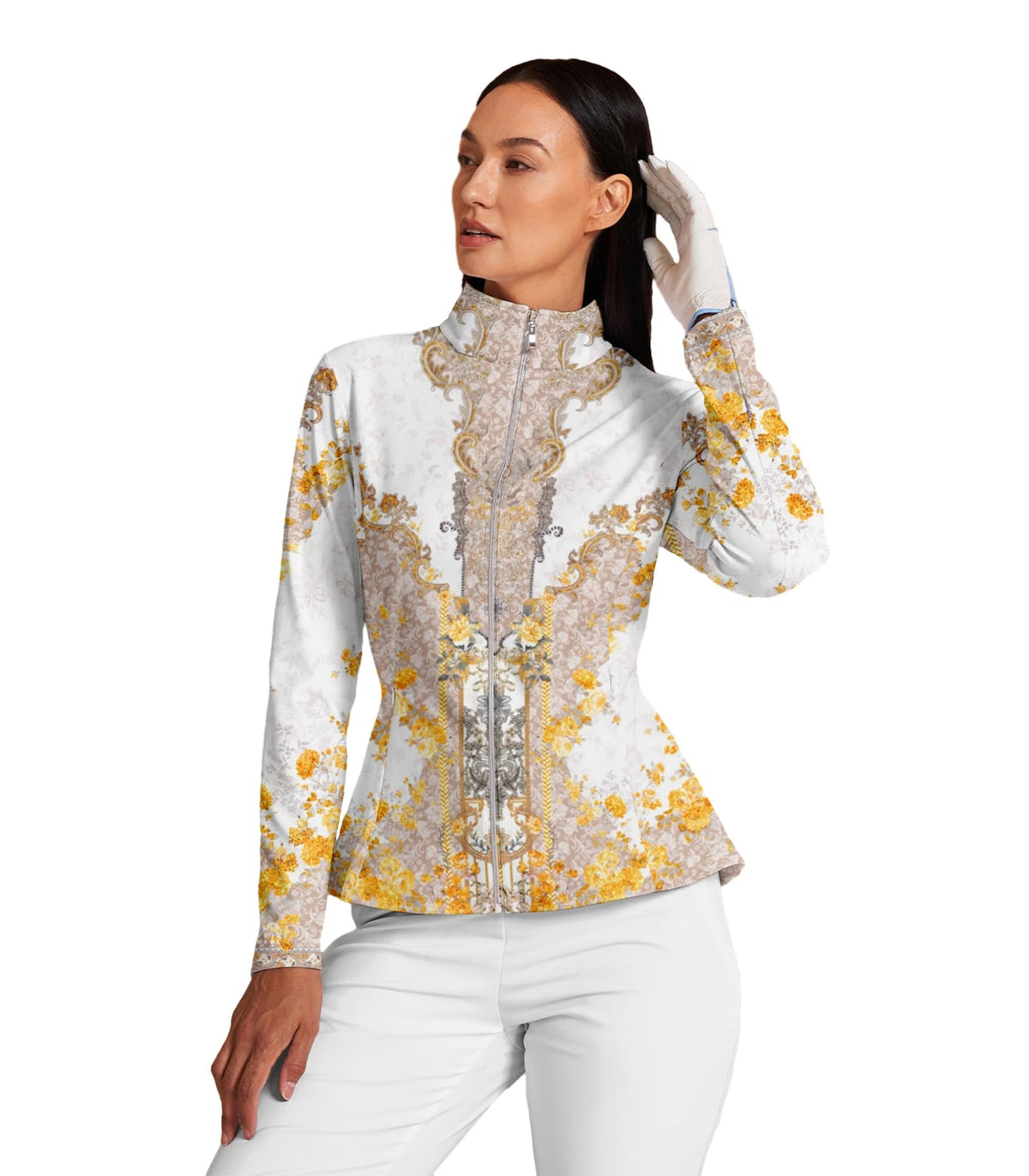 ACEGOLFS Women's Golf Jackets Lightweight Zip up Athletic Jacket Women Long Sleeve Floral Printed Pullover Ruffle Workout Top