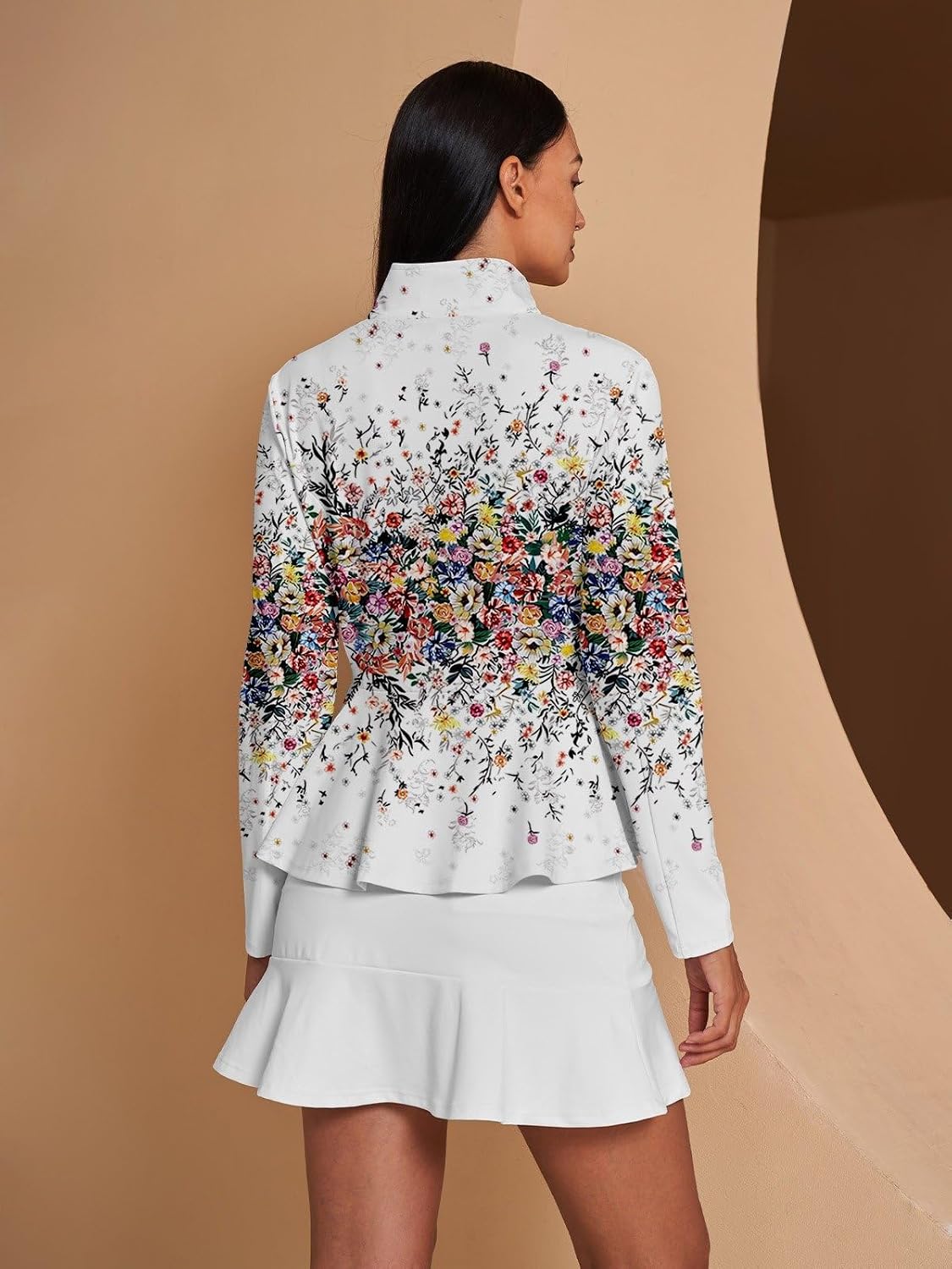 ACEGOLFS Women's Golf Jackets Lightweight Zip up Athletic Jacket Women Long Sleeve Floral Printed Pullover Ruffle Workout Top