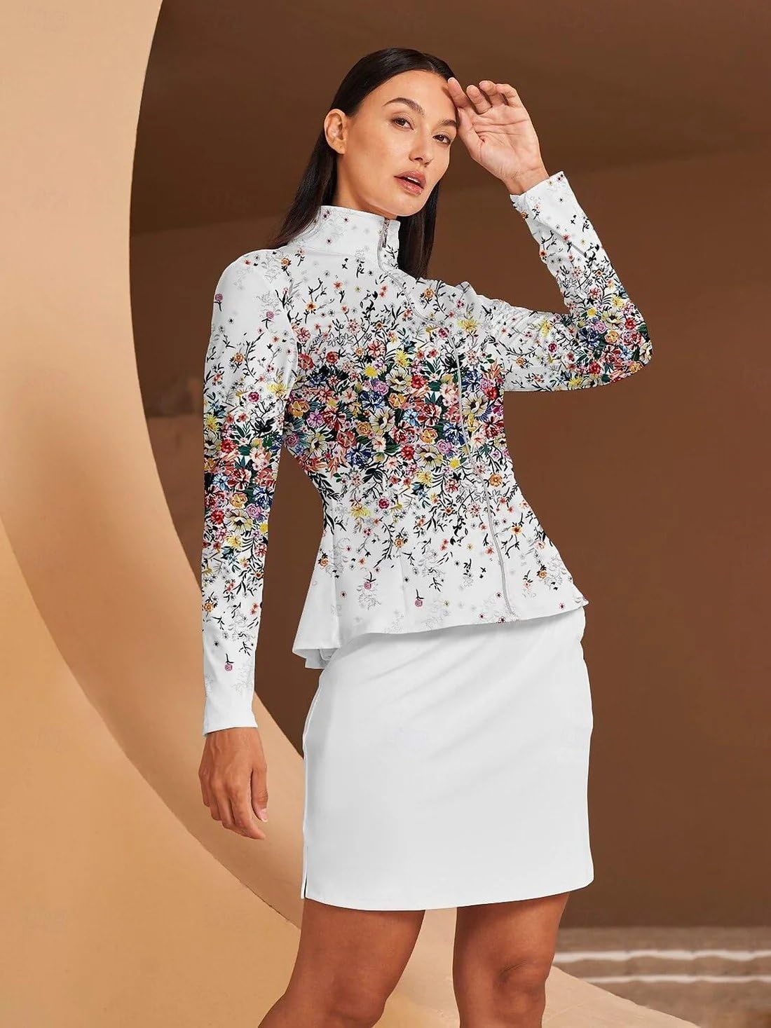 ACEGOLFS Women's Golf Jackets Lightweight Zip up Athletic Jacket Women Long Sleeve Floral Printed Pullover Ruffle Workout Top