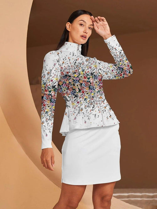 ACEGOLFS Women's Golf Jackets Lightweight Zip up Athletic Jacket Women Long Sleeve Floral Printed Pullover Ruffle Workout Top