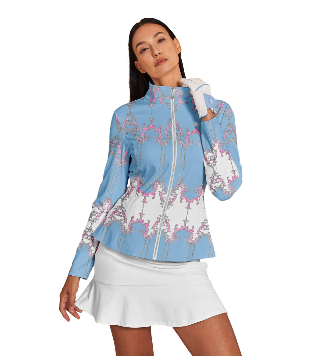 ACEGOLFS Women's Golf Jackets Lightweight Zip up Athletic Jacket Women Long Sleeve Floral Printed Pullover Ruffle Workout Top