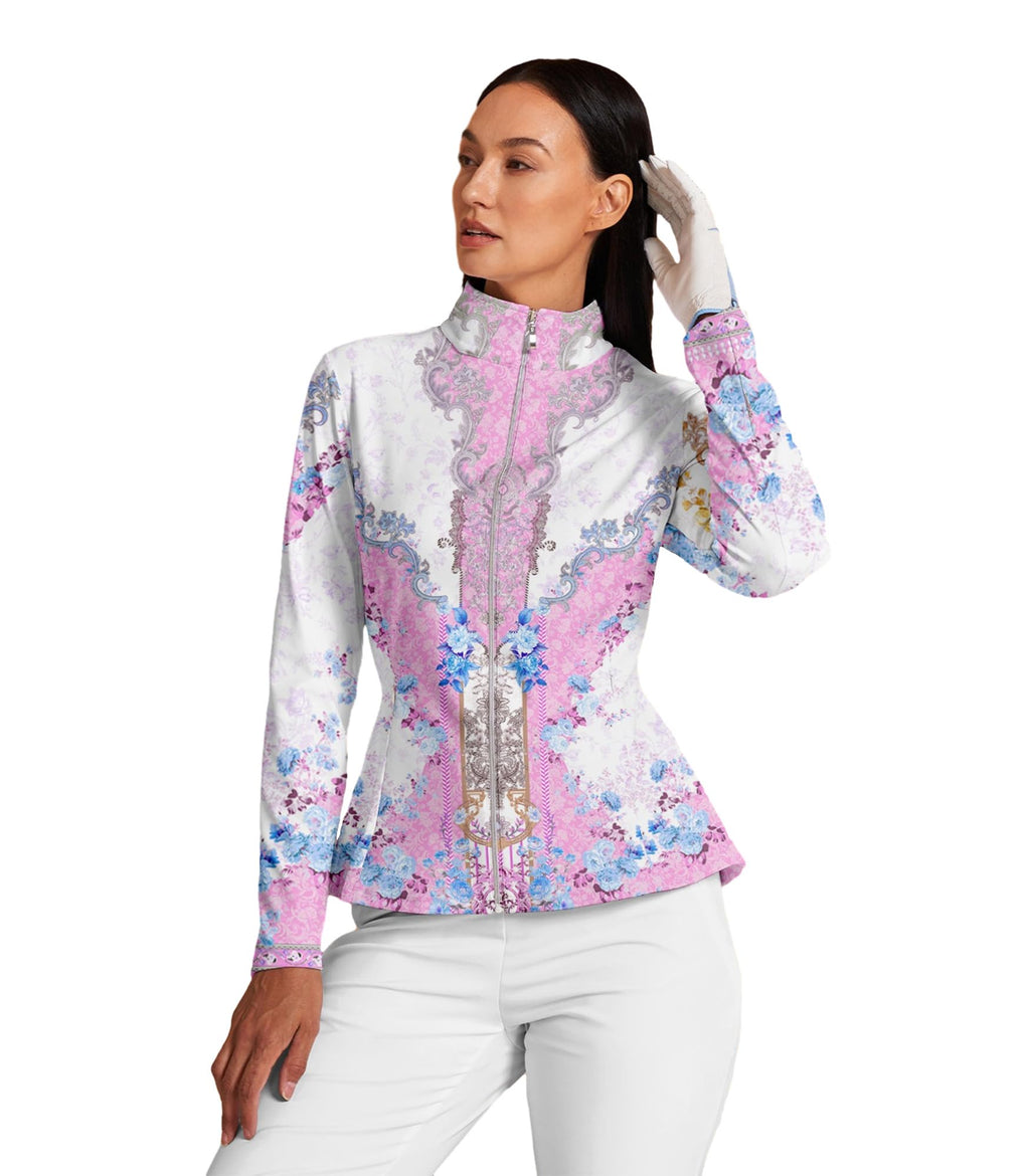 ACEGOLFS Women's Golf Jackets Lightweight Zip up Athletic Jacket Women Long Sleeve Floral Printed Pullover Ruffle Workout Top