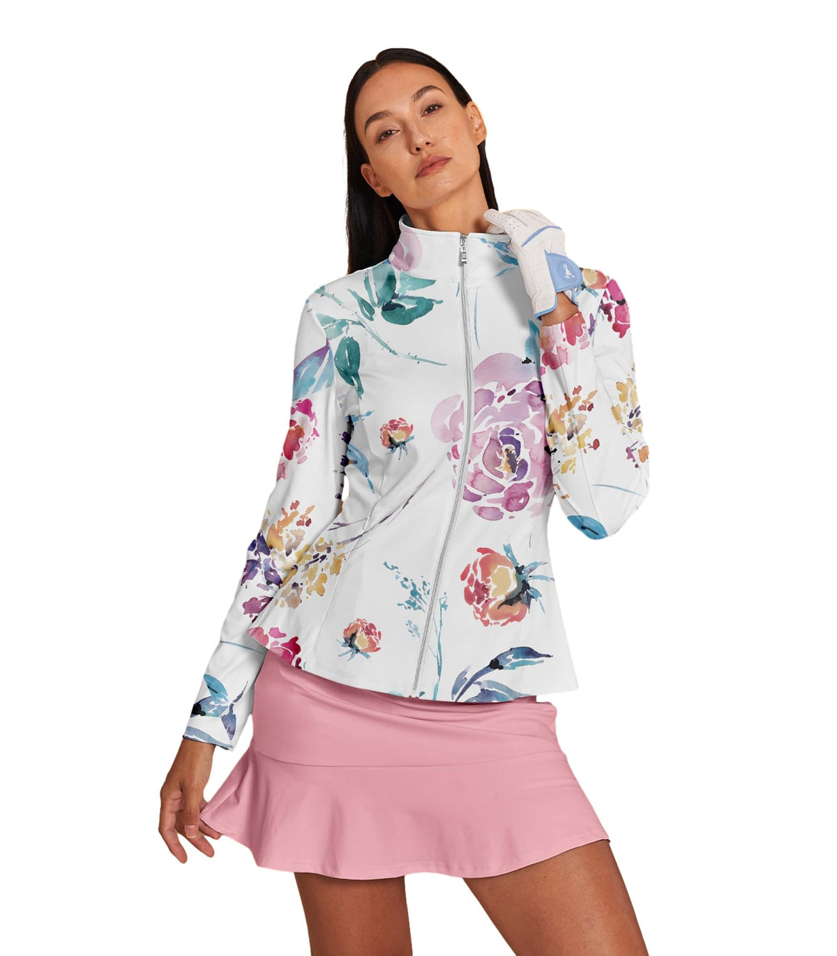 ACEGOLFS Women's Golf Jackets Lightweight Zip up Athletic Jacket Women Long Sleeve Floral Printed Pullover Ruffle Workout Top