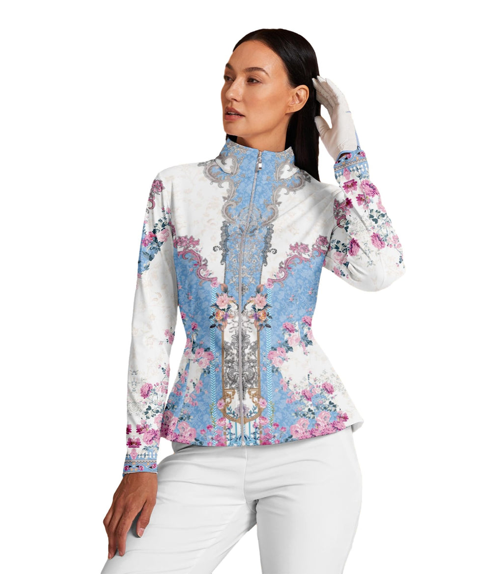 ACEGOLFS Women's Golf Jackets Lightweight Zip up Athletic Jacket Women Long Sleeve Floral Printed Pullover Ruffle Workout Top